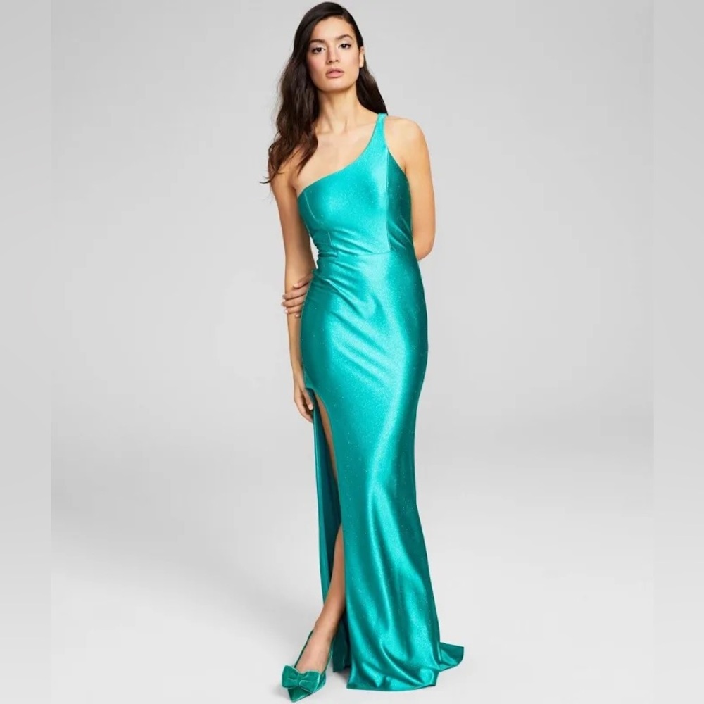 Elegant green sparkly One-Shoulder Gown prom dress emerald mermaid Macy’s 1 2